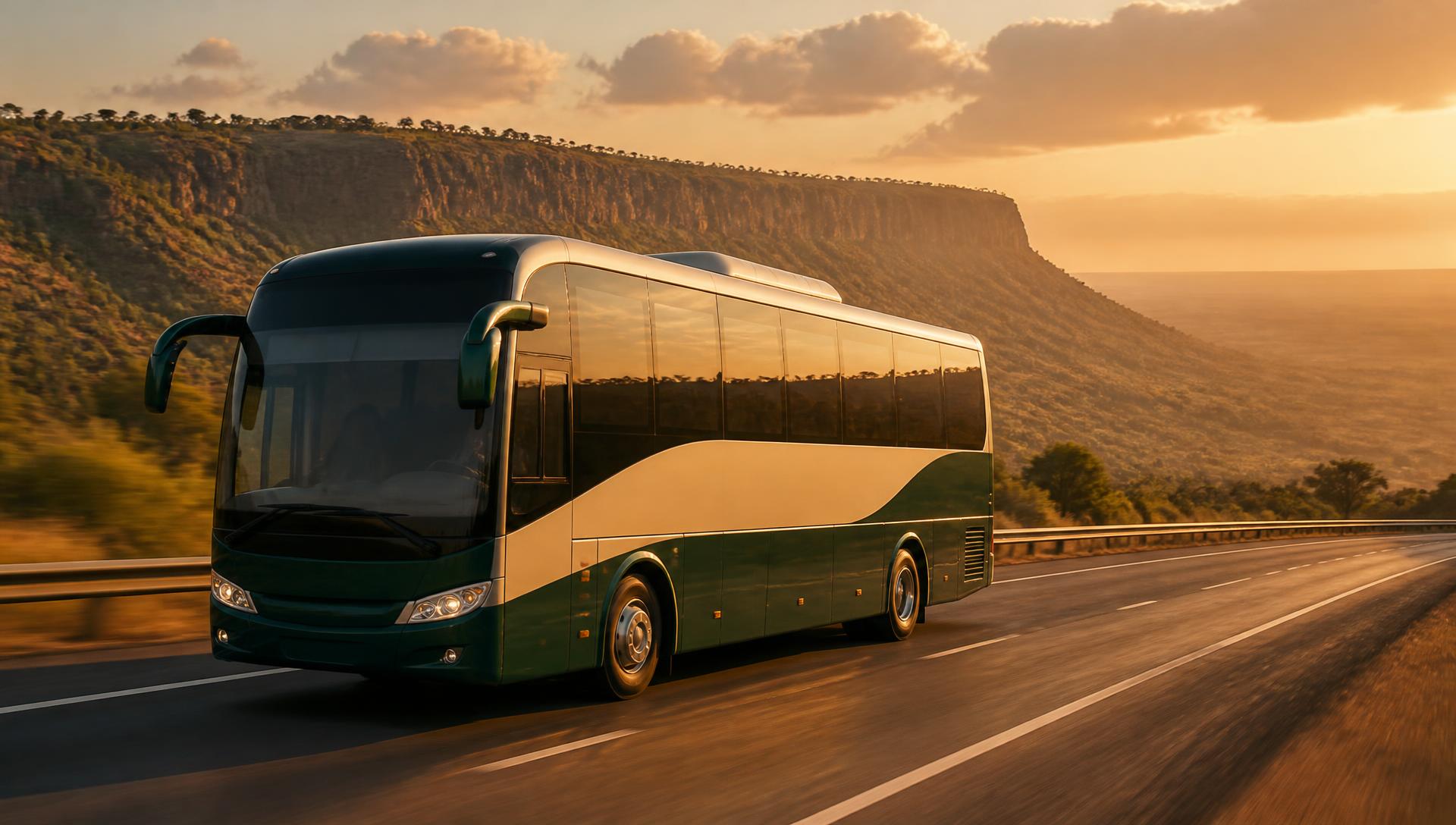 Climax Coaches bus travelling through the Rift Valley at sunrise